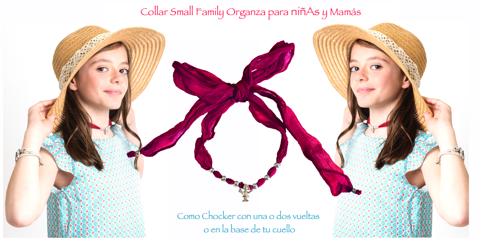 Patricia con su collar Small Family Organza y pulsera Small Family Classic